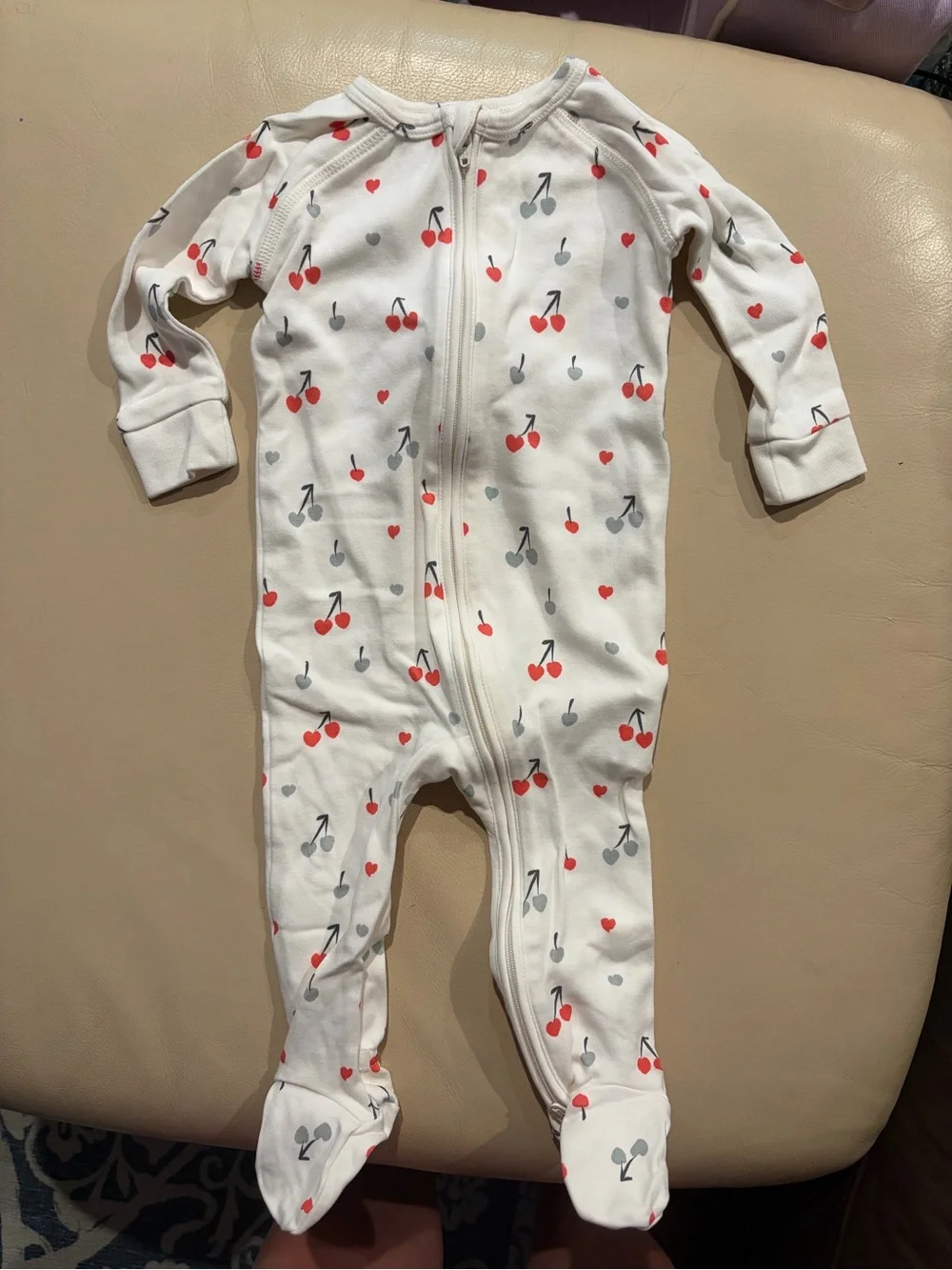 Pehr Cream Cherry-Print Zip Front Footed Baby One-Piece